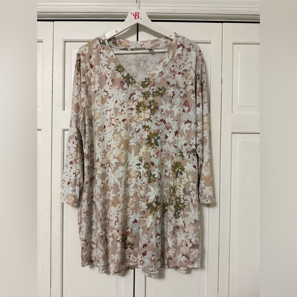 LOGO Lori Goldstein Liquid Knit Floral Long Lined 3/4 Sleeve Blouse XL Fairycore